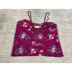 Silkscreen Camisole Womens Large Magenta Floral 100% Silk Lace Trim V-Neck Cami